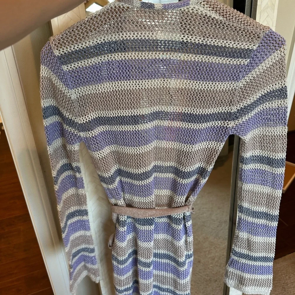 L'AGENCE Koi Striped Belted Women's Knit Cardigan - Lavender and Cream - Picture 7 of 9